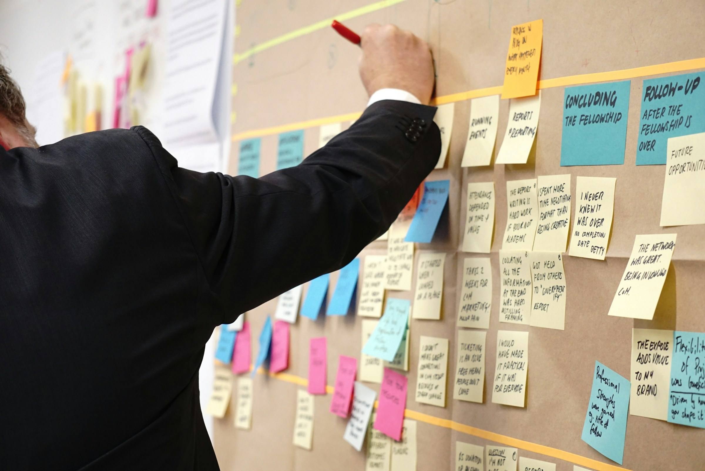 A product planning wall covered in sticky notes being arranged by hand